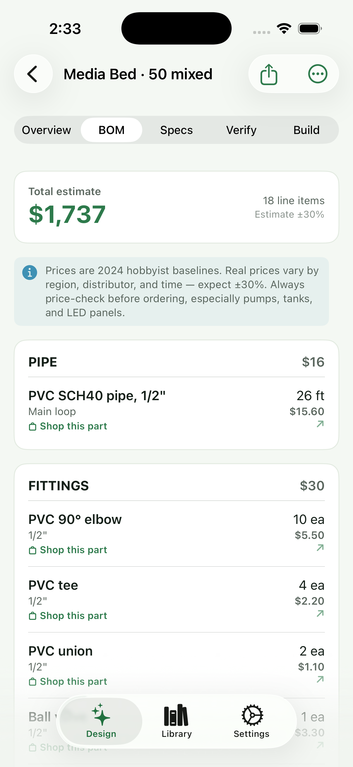 Anyponics parts list with itemised quantities and cost estimates